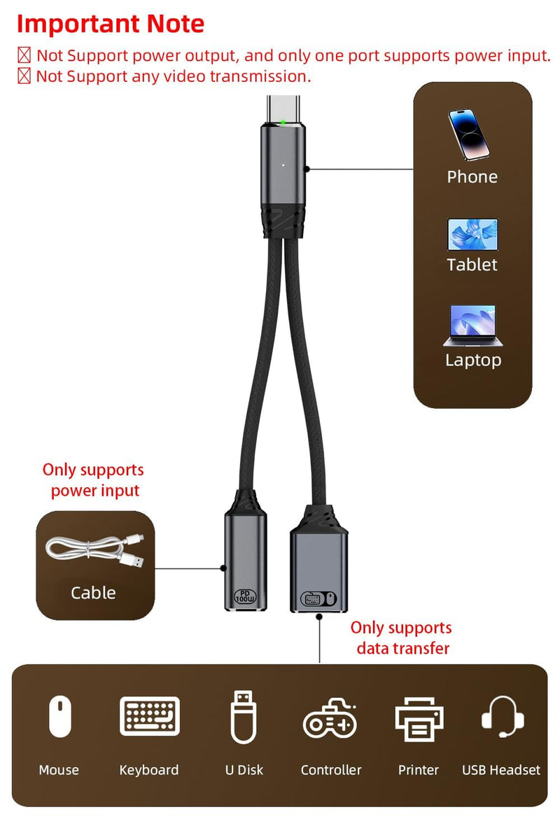 WISTAR WISTAR USB C to USB OTG Cable and Charger Adapter, 2-in-1 USB-C Splitter with 100W Fast Charging for iPhone 16/15 Series, iPad, MacBook, Galaxy S24/S23 and More-Grey No for Power and Video Output - image 2