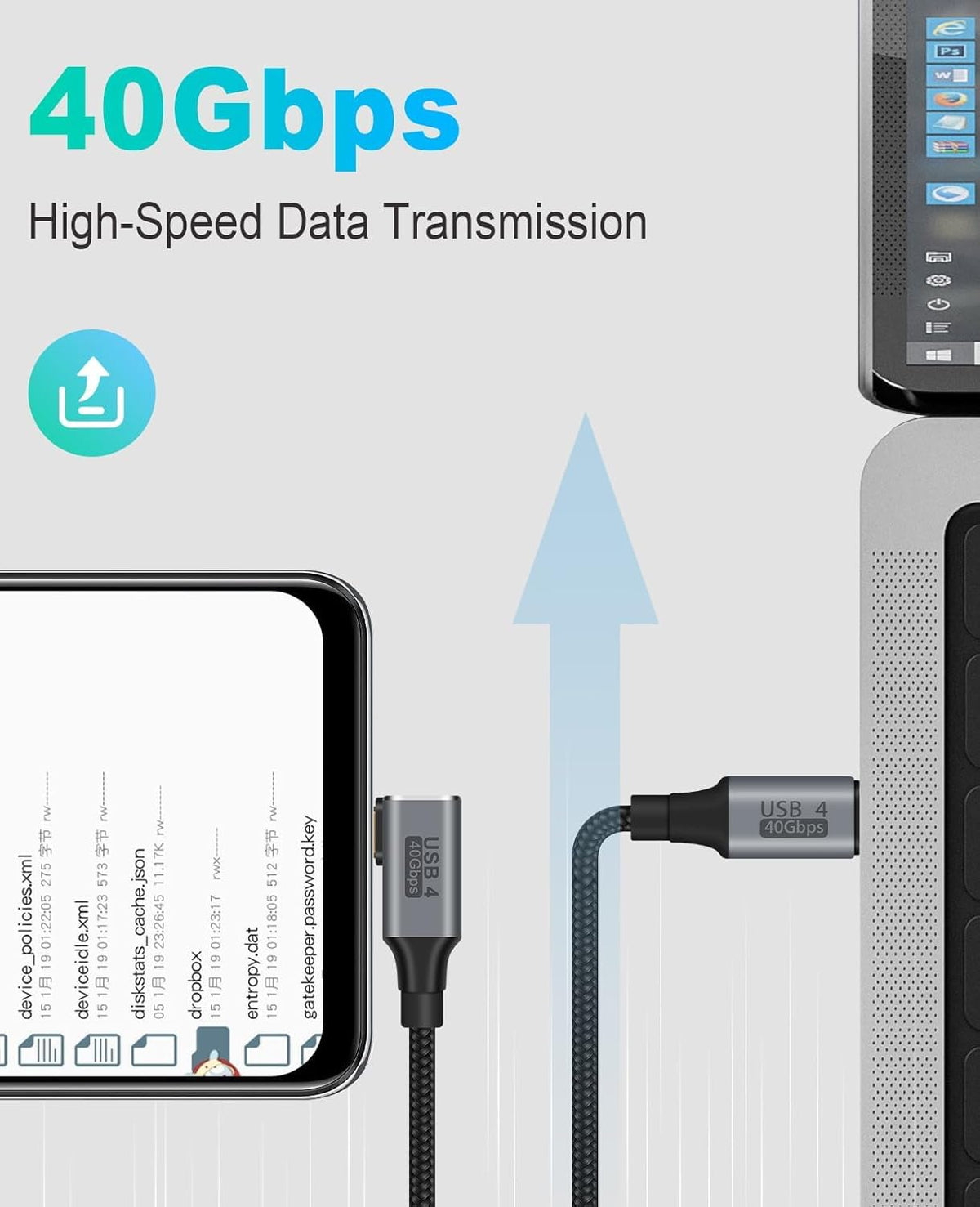 WISTAR WISTAR Right Angle USB 4 Cable for Thunderbolt 4 40Gbps Data Sync, 8K/5K@60Hz, 240W Fast Charging, 90 Degree USB C Thunderbolt Cable, Compatible for MacBook, iPhone 16, iPad, SSD, Dock - image 2