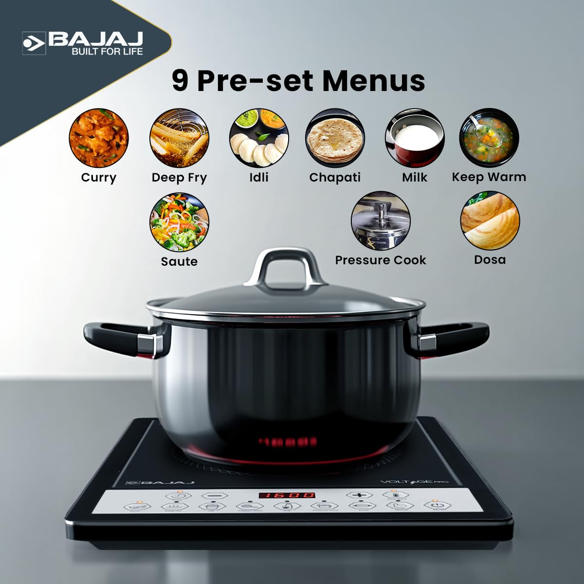 Bajaj Bajaj ICX 160TS Neo Induction Stove | 1600 Watts | 9 Pre-Set Menus | Digital Display | Keep Warm Function | Variable Time, Power & Temperature Selection | 1 Yr Warranty 【Black】 - image 5