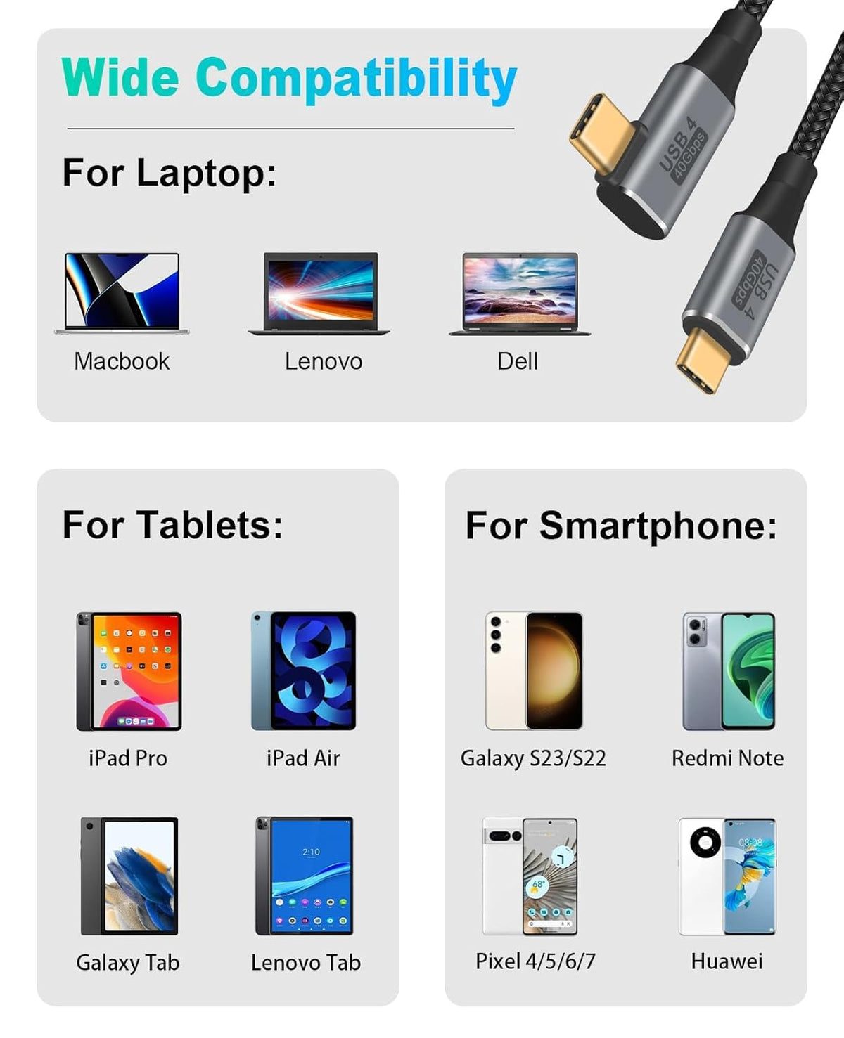 WISTAR WISTAR Right Angle USB 4 Cable for Thunderbolt 4 40Gbps Data Sync, 8K/5K@60Hz, 240W Fast Charging, 90 Degree USB C Thunderbolt Cable, Compatible for MacBook, iPhone 16, iPad, SSD, Dock - image 5