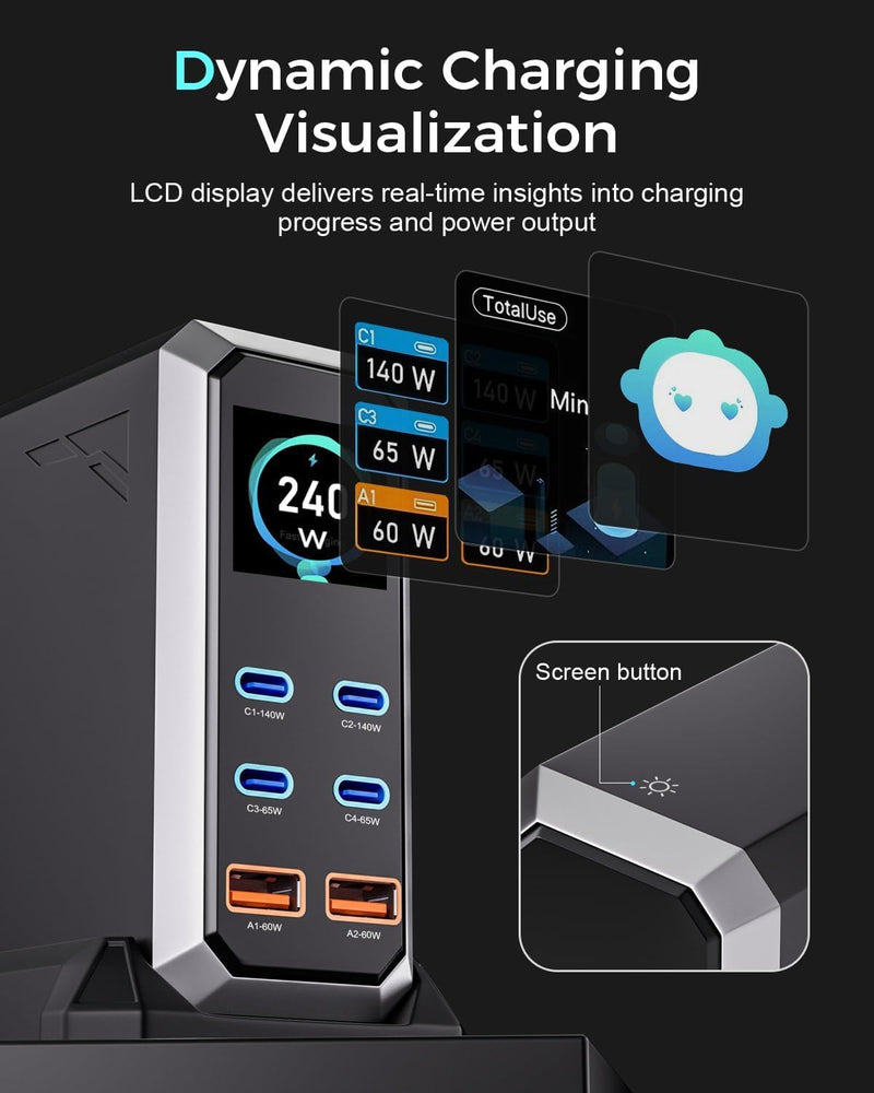 WISTAR WISTAR 6 in 1 & 240W USB C Charging Station Hub GaN III Multi Port USB Fast Charger Block (4 USB‑C & 2 USB‑A),Black Power Dock Compatible for MacBook, iPhone, iPad, Galaxy S24/S23 etc - image 2