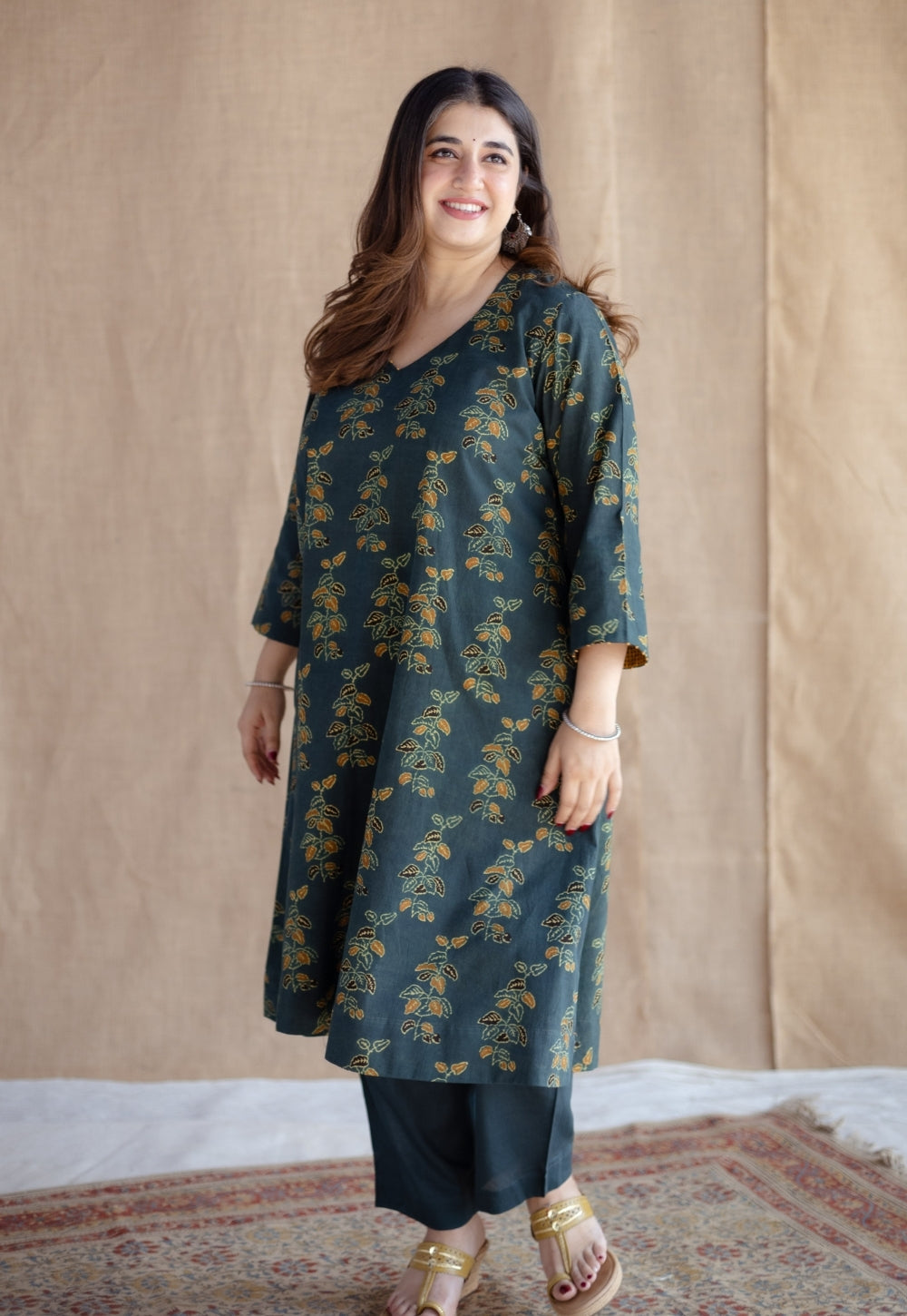 Sayali Green Ajrakh Cotton A Line Kurta with Hand Embroidery