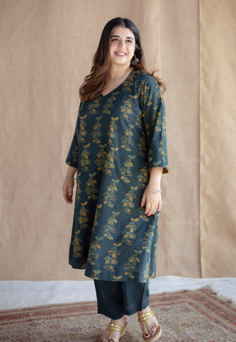 Sayali Green Ajrakh Cotton A Line Kurta with Hand Embroidery