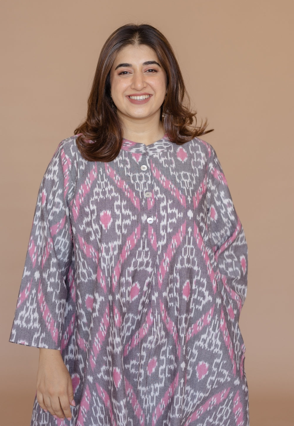 Ayaat Grey Handloom Ikkat Cotton Straight Kurta