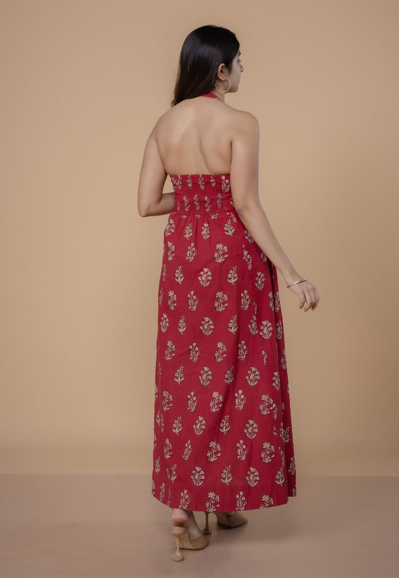 Sanyukta Red Dabu Slub Cotton A Line Dress