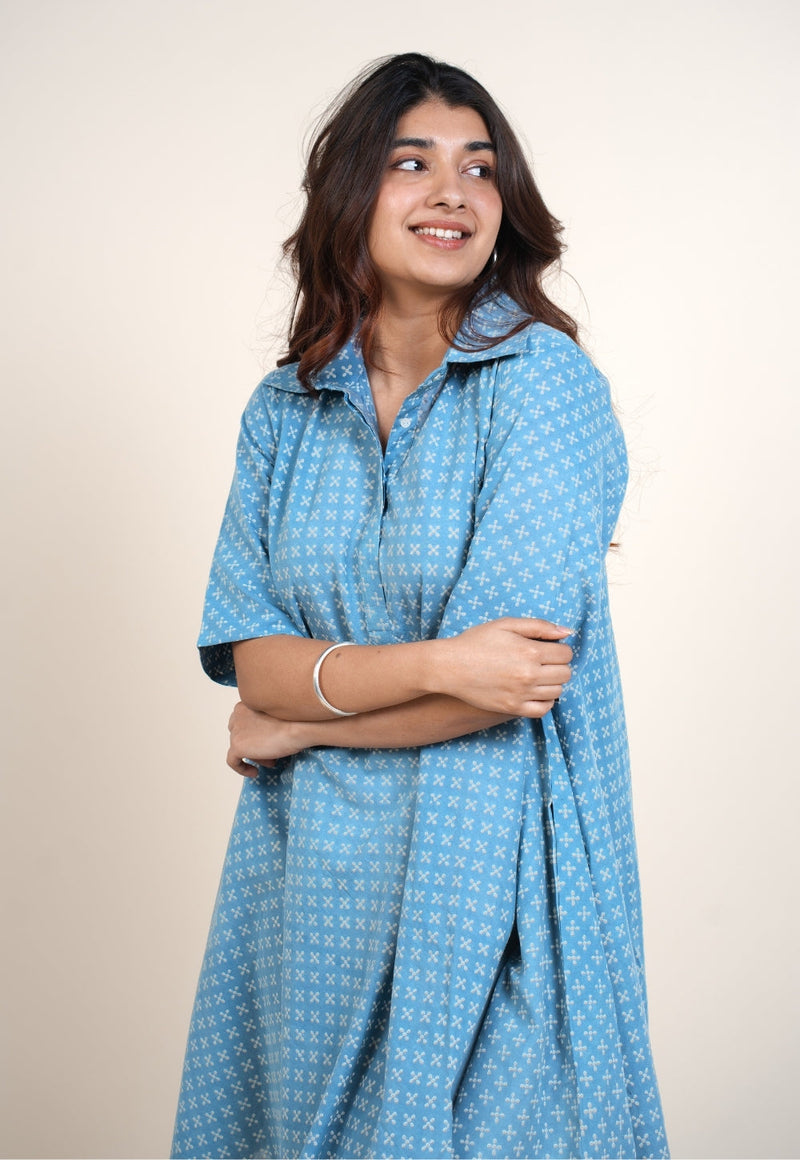 Srisha Blue Ajrakh Cotton A Line Dress