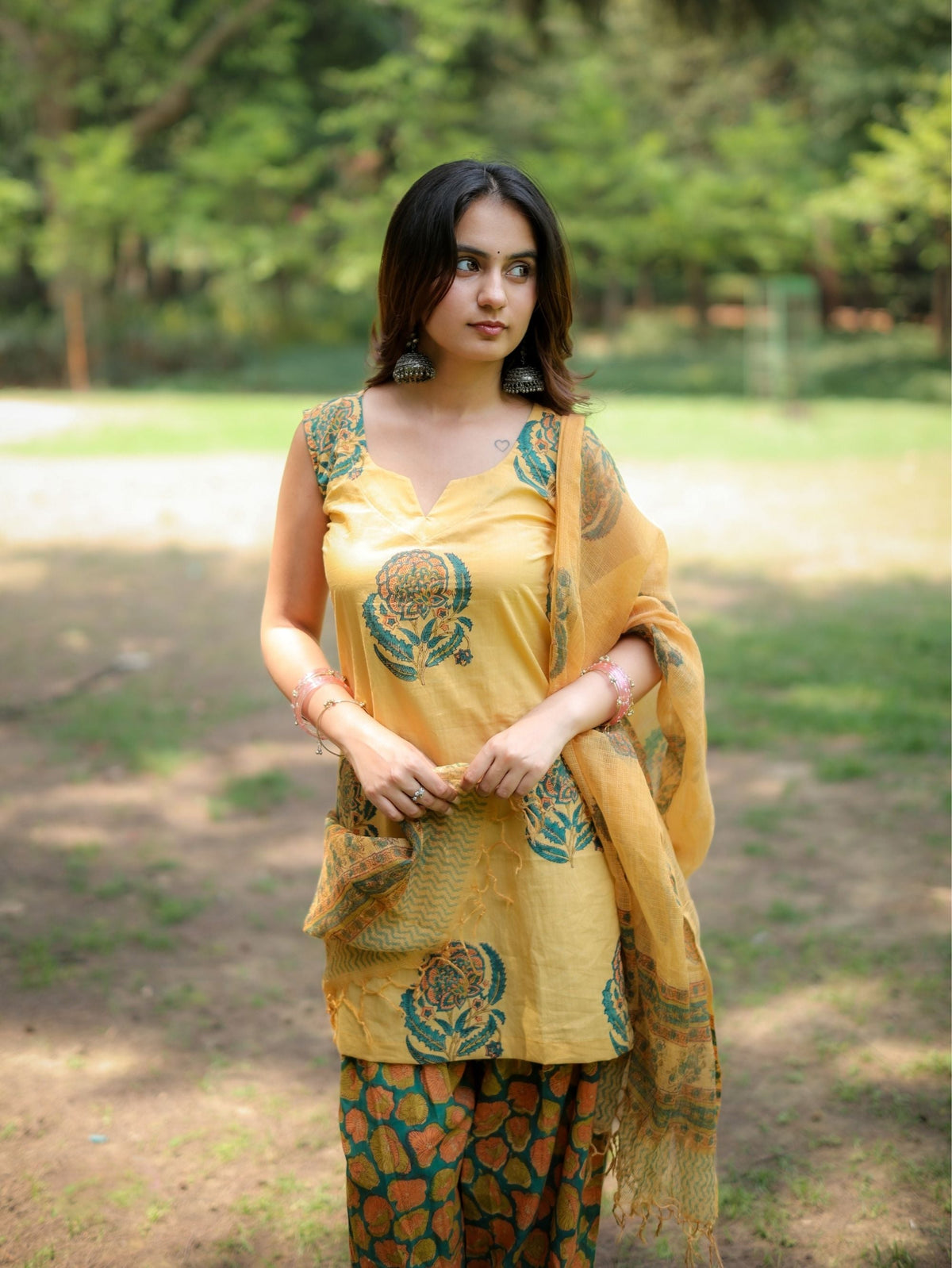 Citrus Kiss Handblock Farshi Salwar Set with Kota Doriya Dupatta