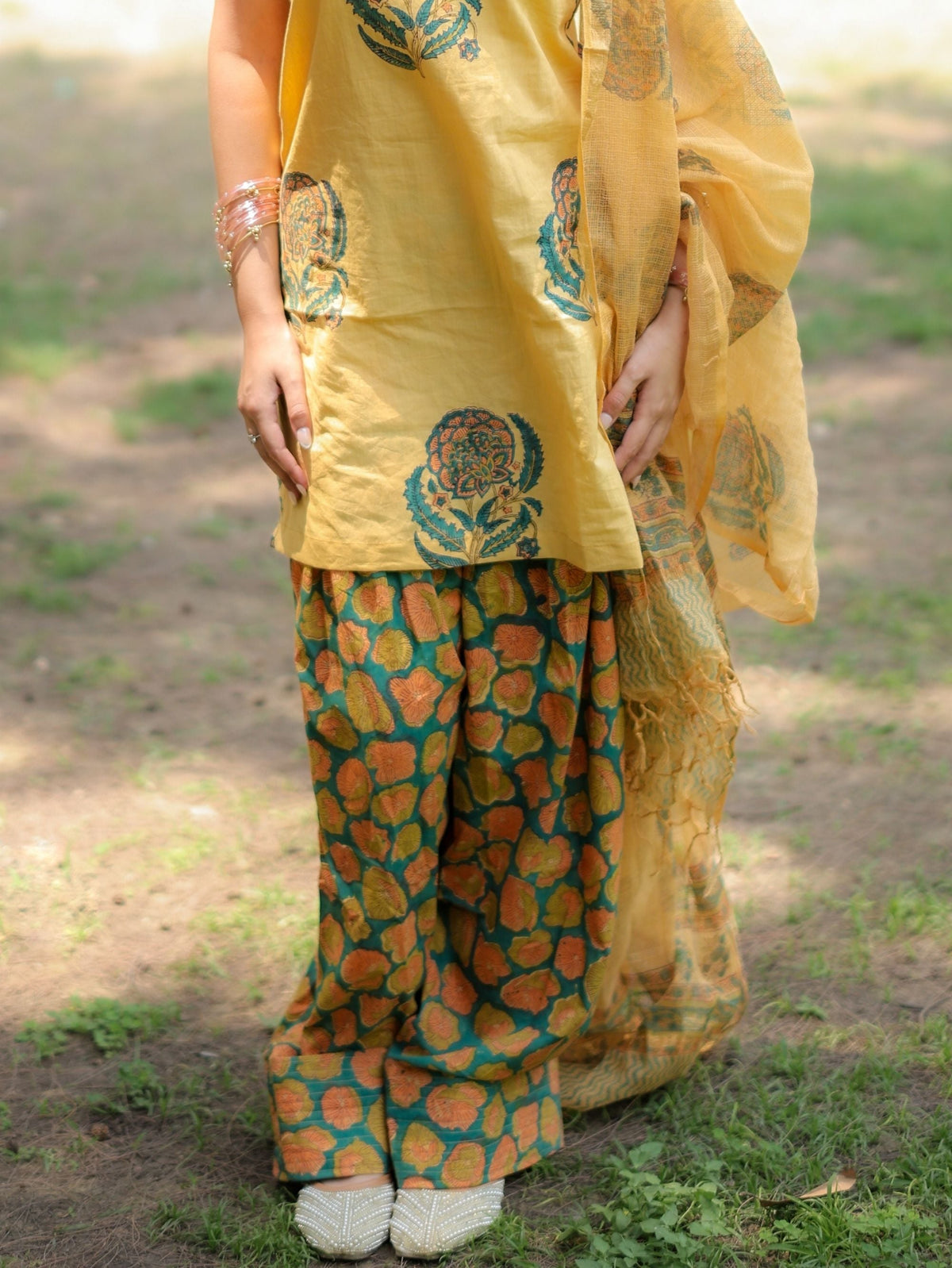 Citrus Kiss Handblock Farshi Salwar Set with Kota Doriya Dupatta
