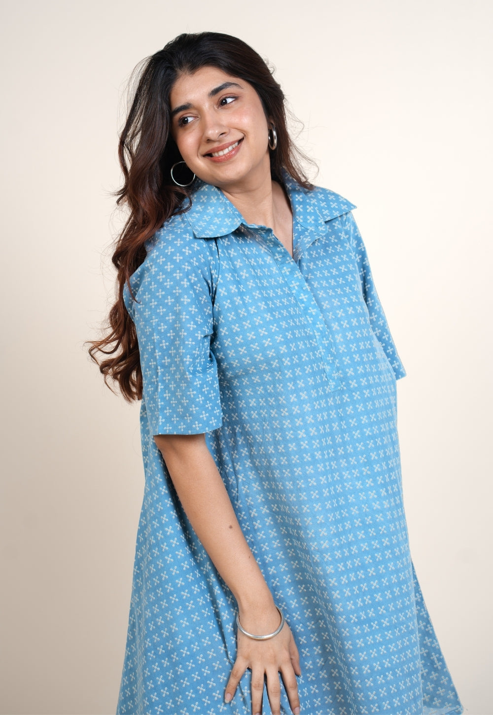 Srisha Blue Ajrakh Cotton A Line Dress