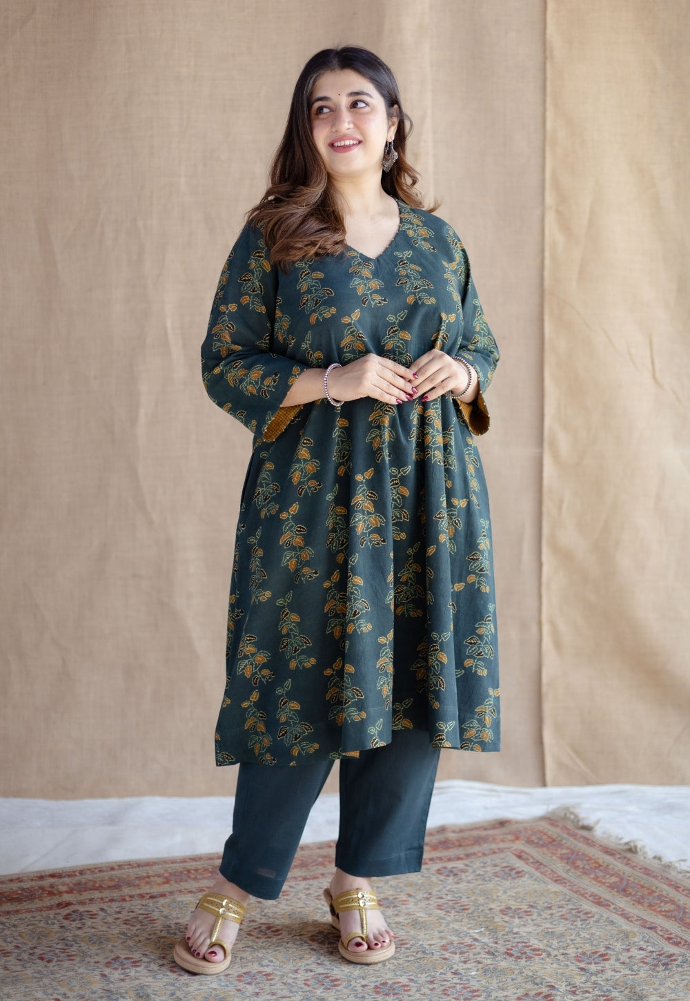 Sayali Green Ajrakh Cotton A Line Kurta with Hand Embroidery