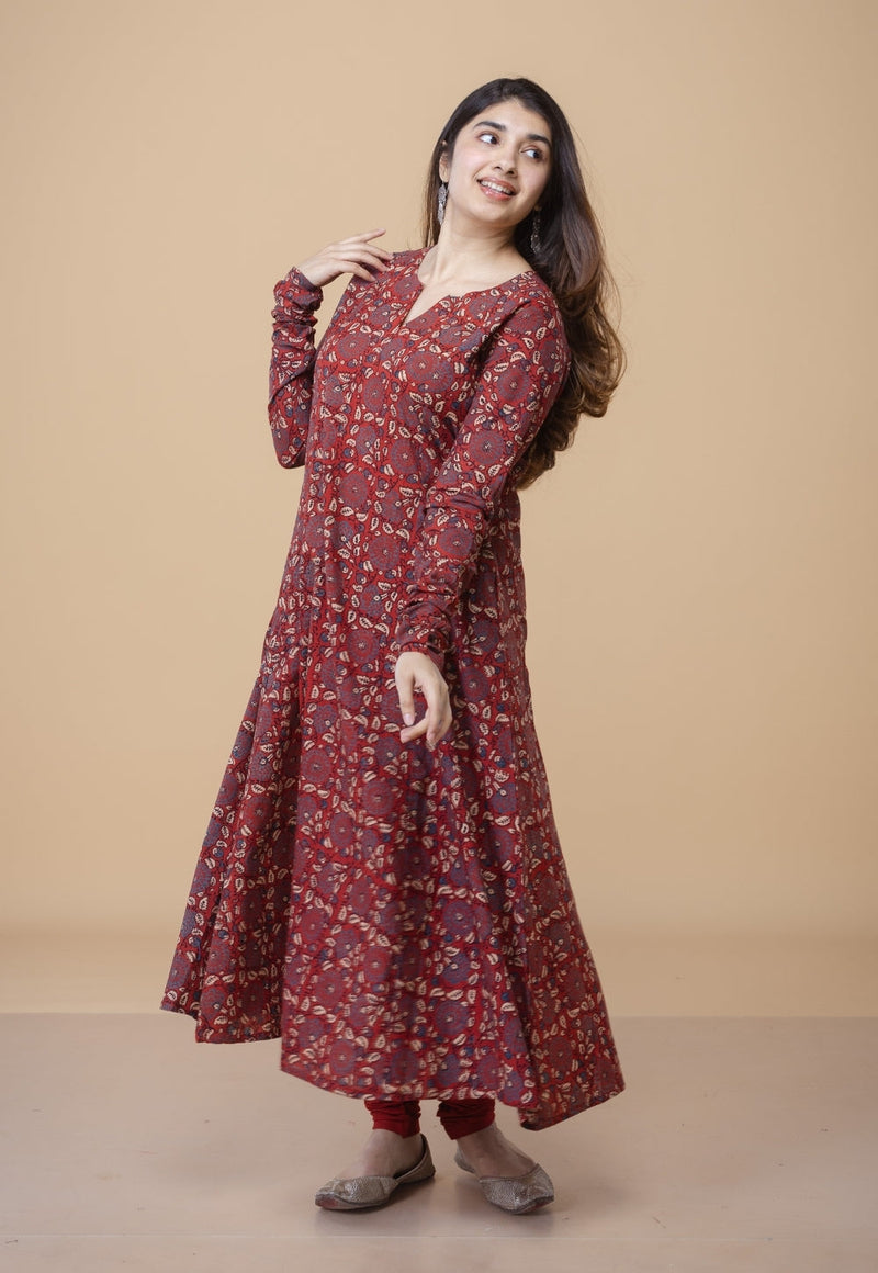 Shinat Red Ajrakh Cotton Jhabbha Kali Kurta