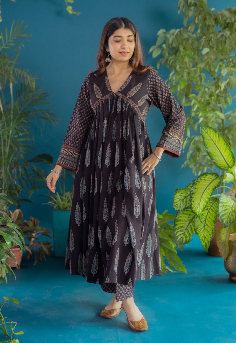 Sneha Black Ajrakh Cotton A Line Kurta