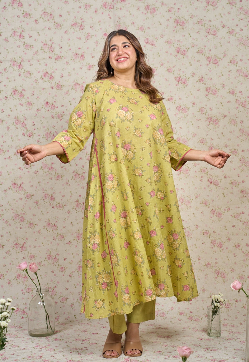 Lily Green Sanganeri Mul Cotton A Line Kurta