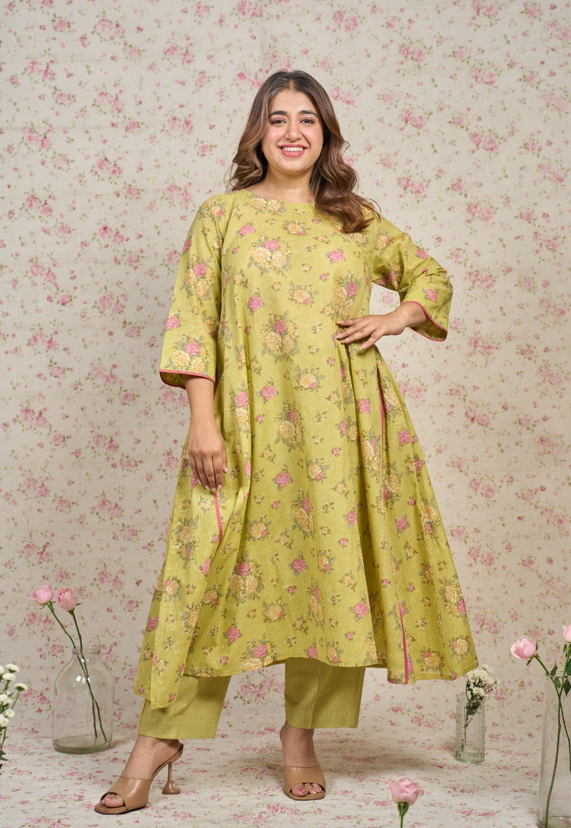 Lily Green Sanganeri Mul Cotton A Line Kurta