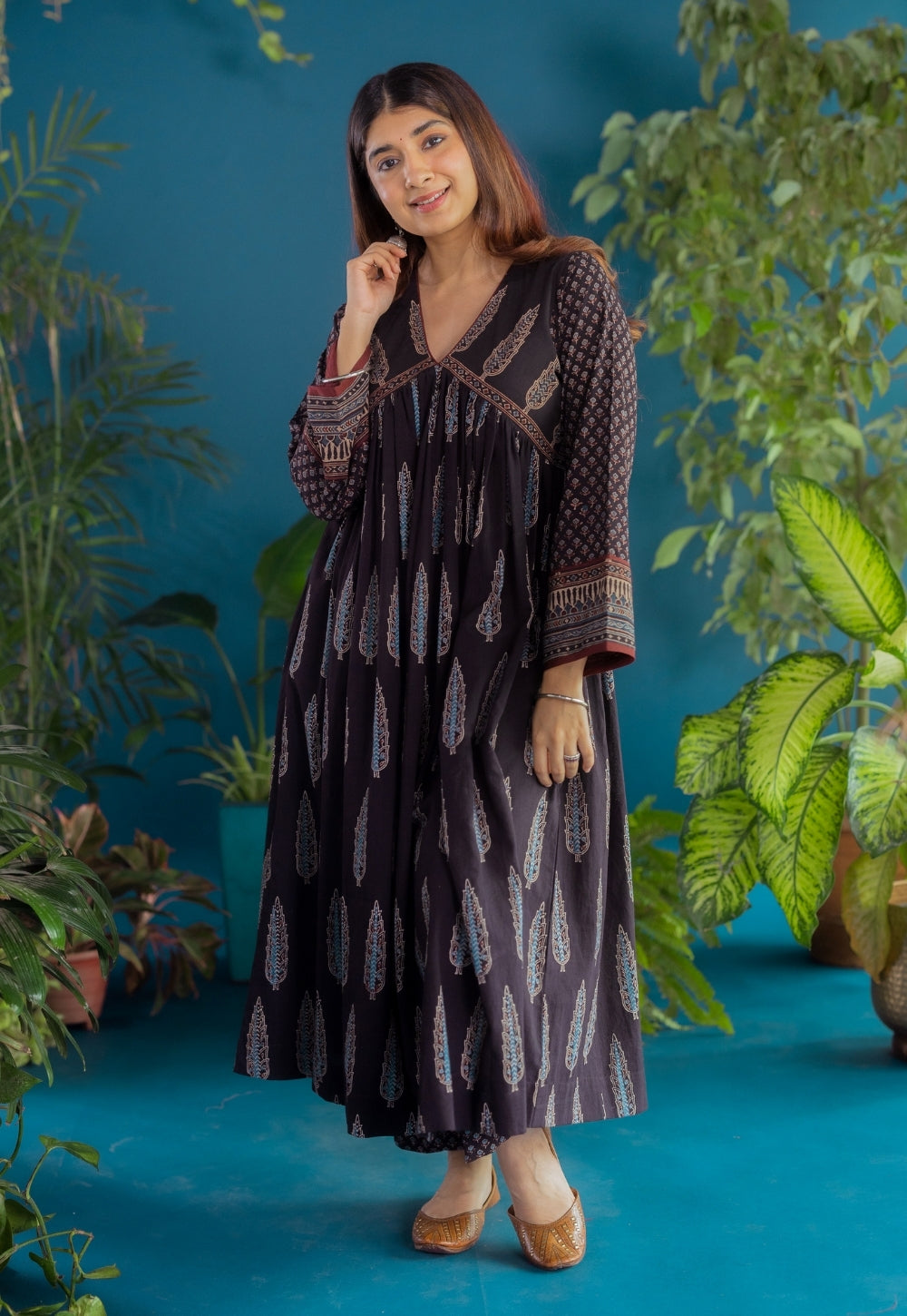 Sneha Black Ajrakh Cotton A Line Kurta