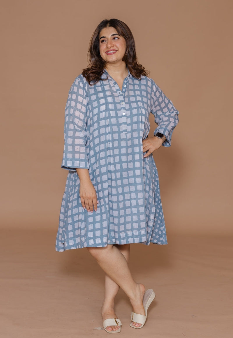 Safiya Blue Batik MulMul A Line Dress with Slip