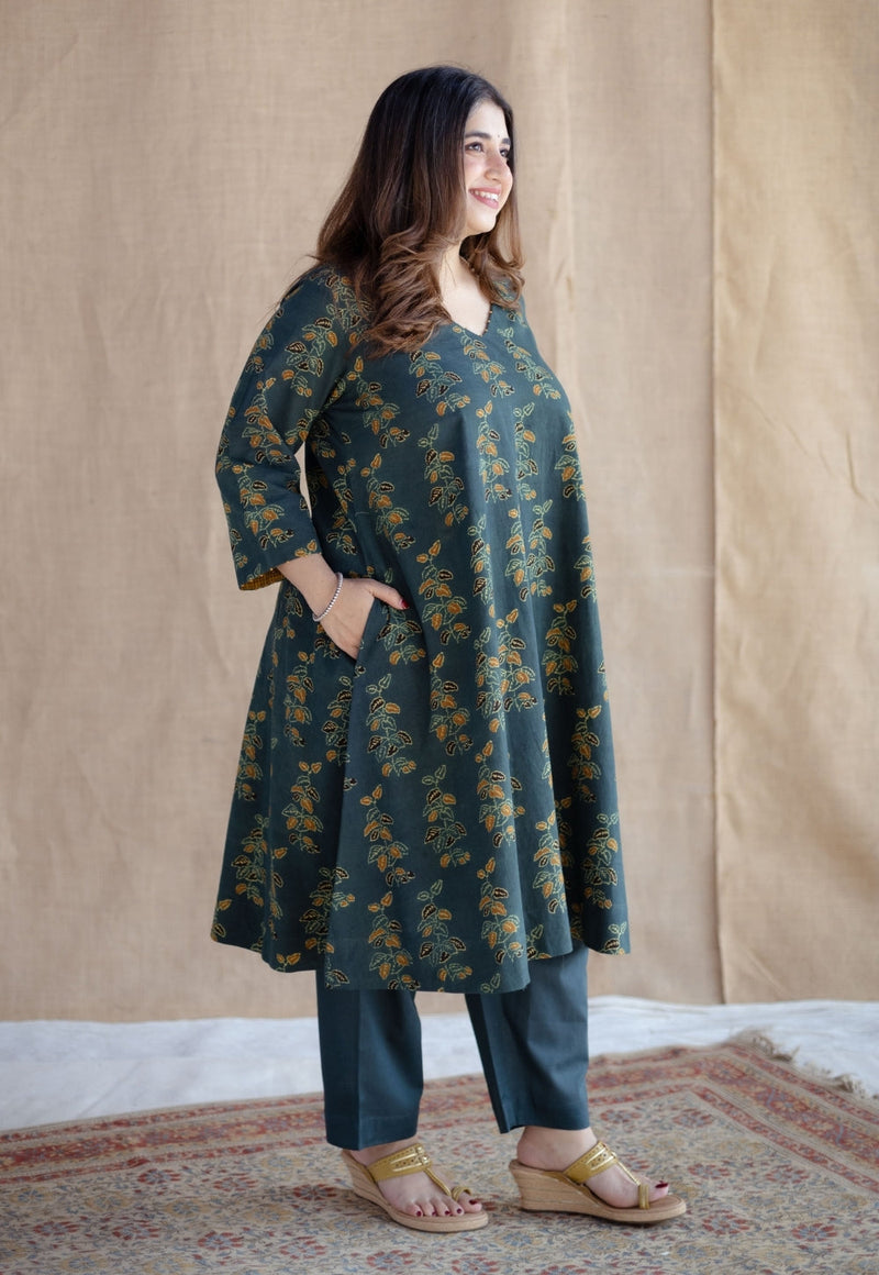 Sayali Green Ajrakh Cotton A Line Kurta with Hand Embroidery