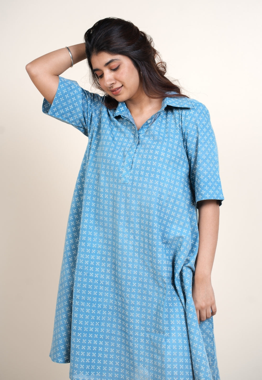Srisha Blue Ajrakh Cotton A Line Dress