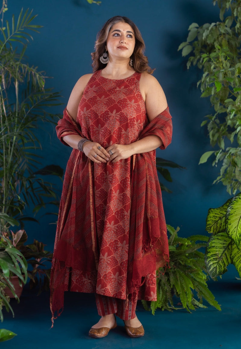 Prita Red Chevron Ajrakh Cotton Narrow Pant