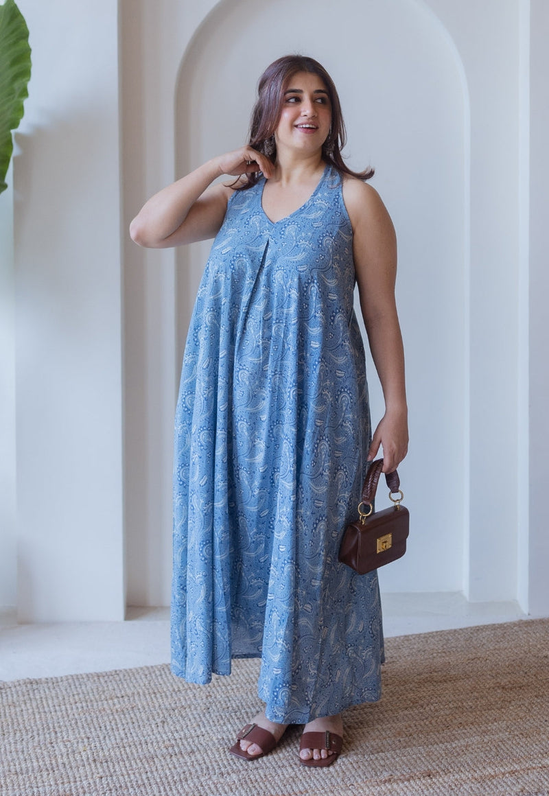 Naimat Blue Ajrakh Cotton A Line Dress