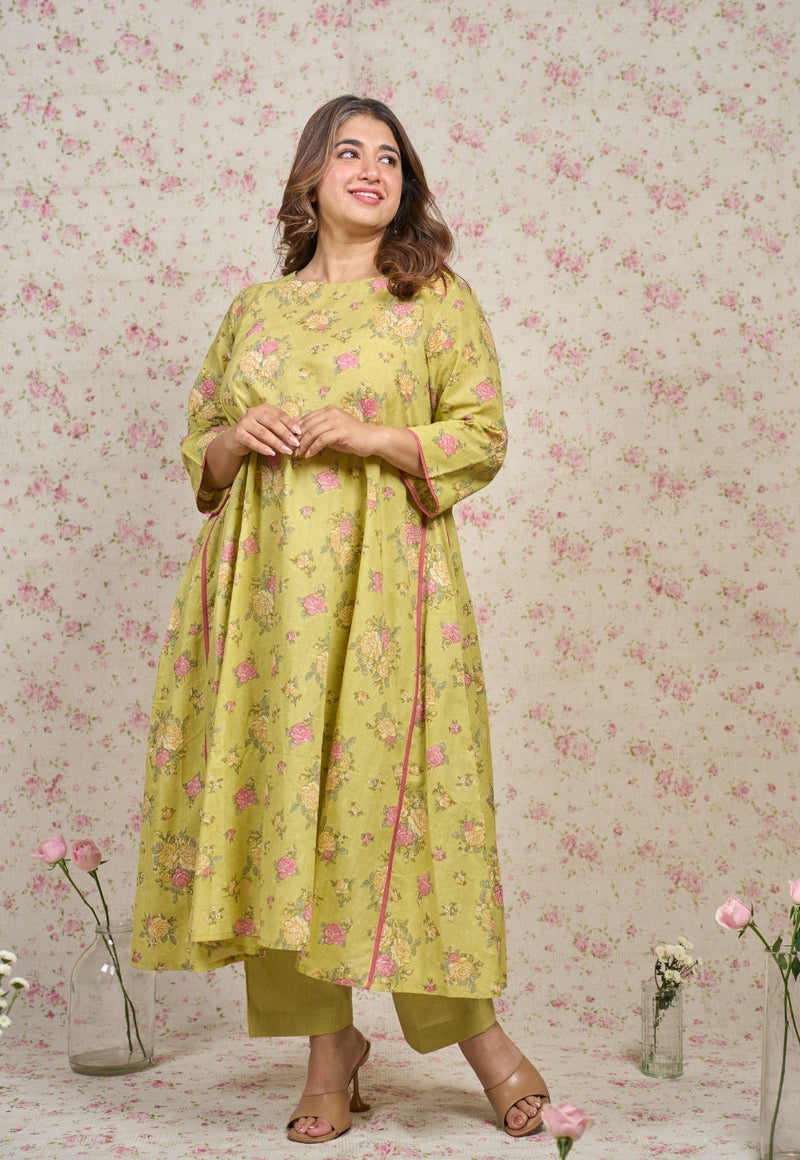 Lily Green Sanganeri Mul Cotton A Line Kurta