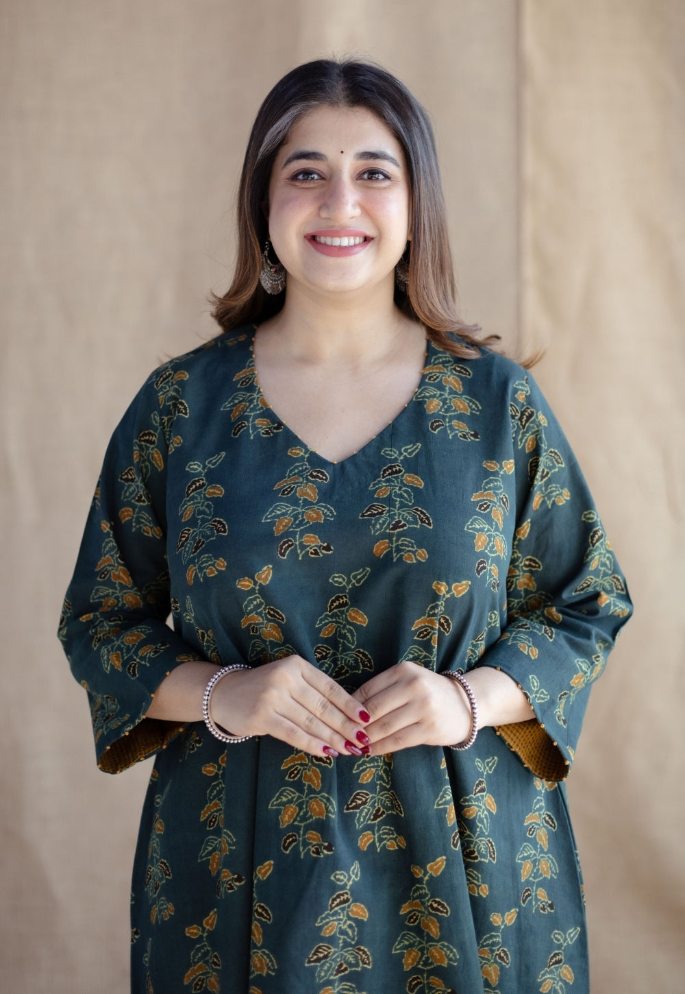 Sayali Green Ajrakh Cotton A Line Kurta with Hand Embroidery
