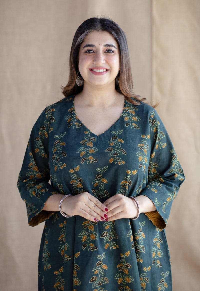 Sayali Green Ajrakh Cotton A Line Kurta with Hand Embroidery