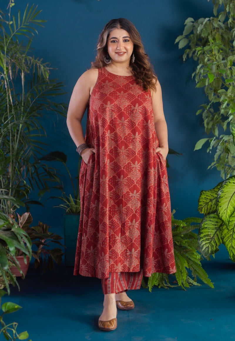 Prita Red Chevron Ajrakh Cotton Narrow Pant