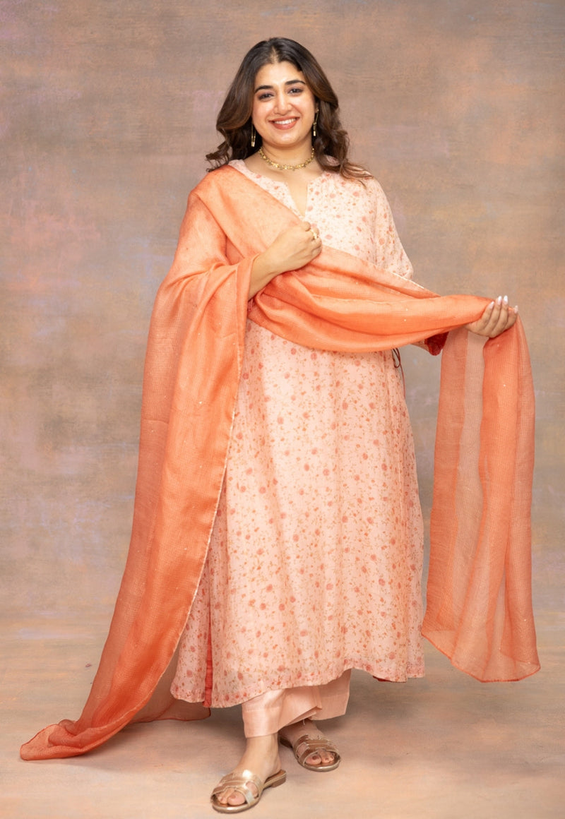 Rosette Orange Sanganeri Chanderi Silk A Line Kurta
