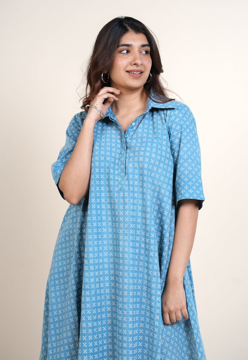 Srisha Blue Ajrakh Cotton A Line Dress