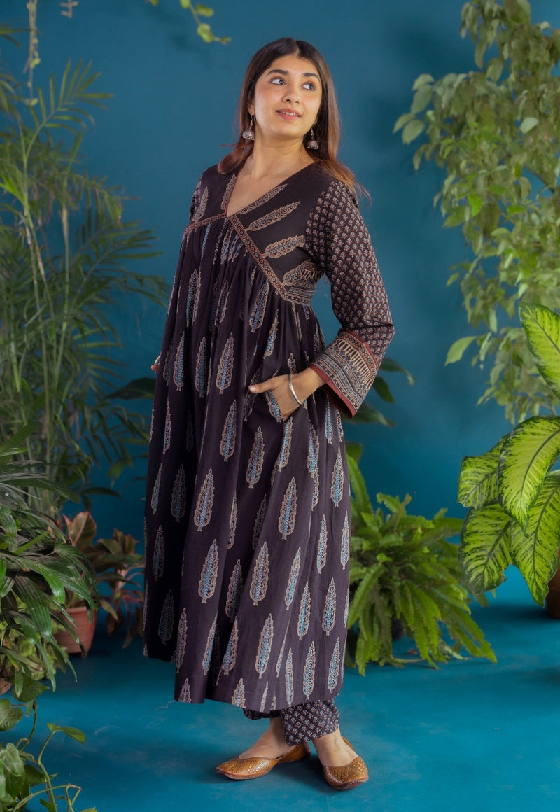 Sneha Black Ajrakh Cotton A Line Kurta