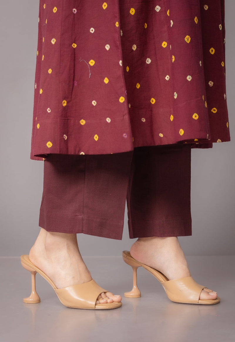 Yashi Red Solid Slub Cotton Straight Pant