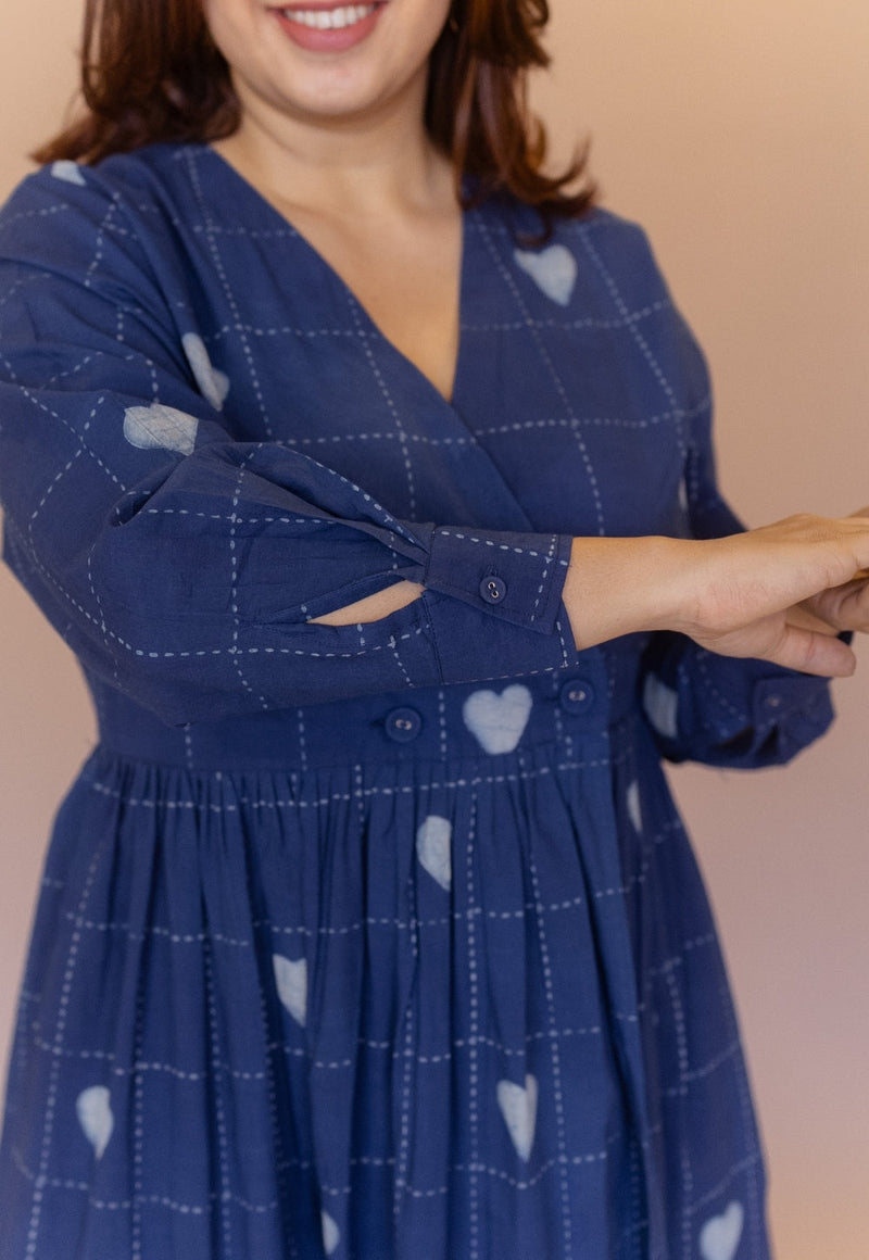 Kimaya Blue Dabu Cotton A Line Dress