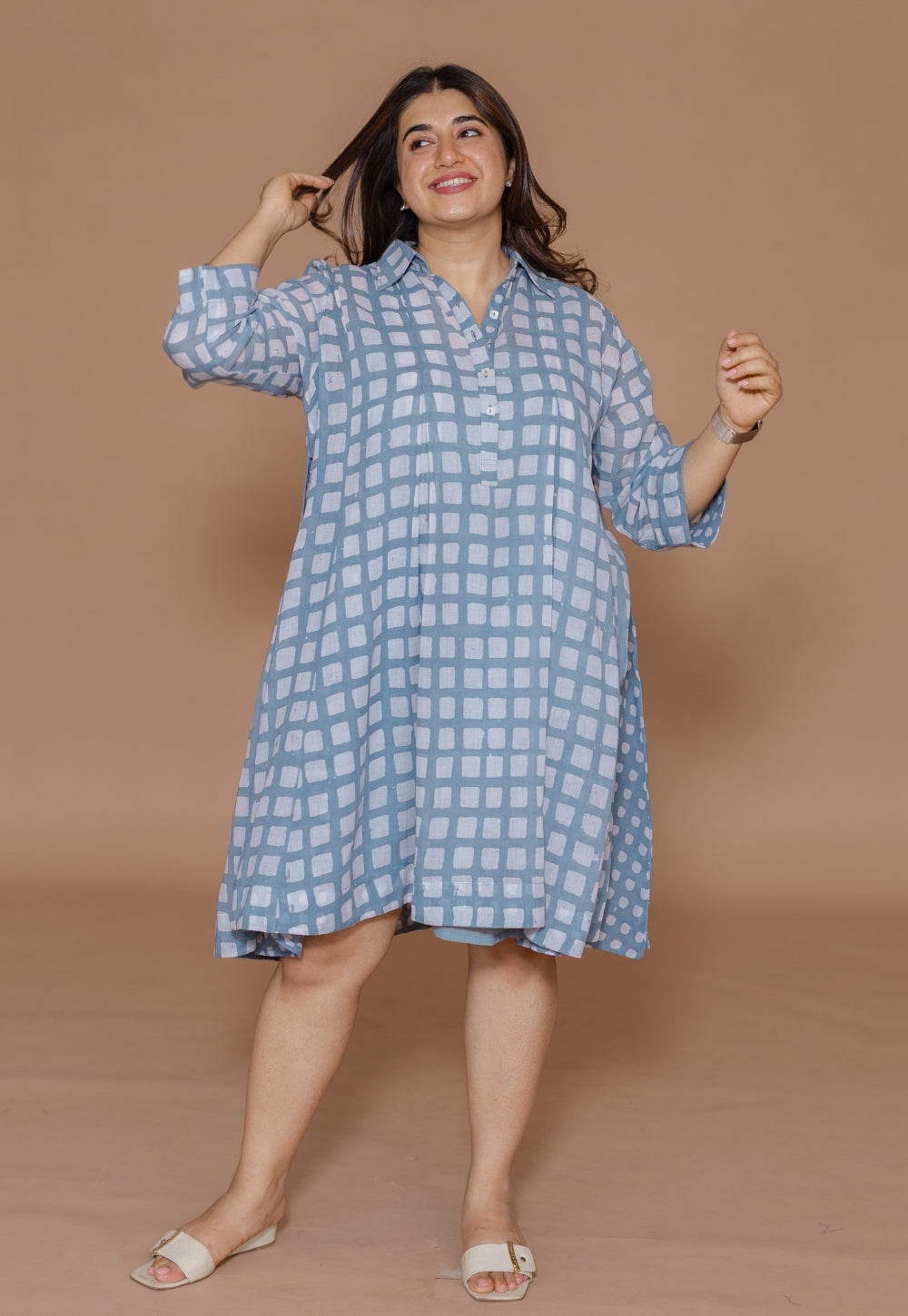 Safiya Blue Batik MulMul A Line Dress with Slip