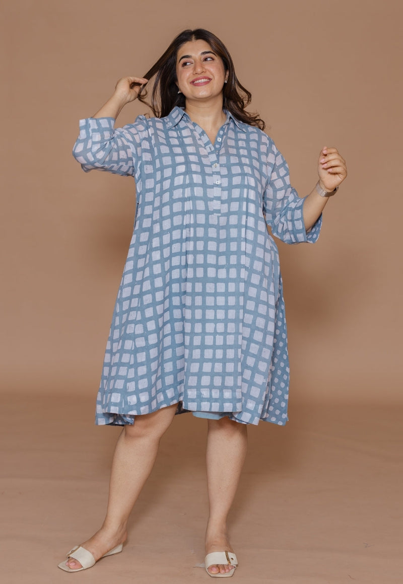 Safiya Blue Batik MulMul A Line Dress with Slip