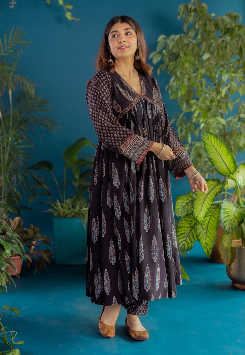 Sneha Black Ajrakh Cotton A Line Kurta