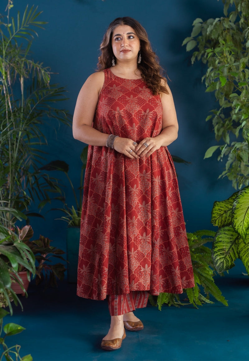 Avenza Red Ajrakh Cotton A Line Kurta