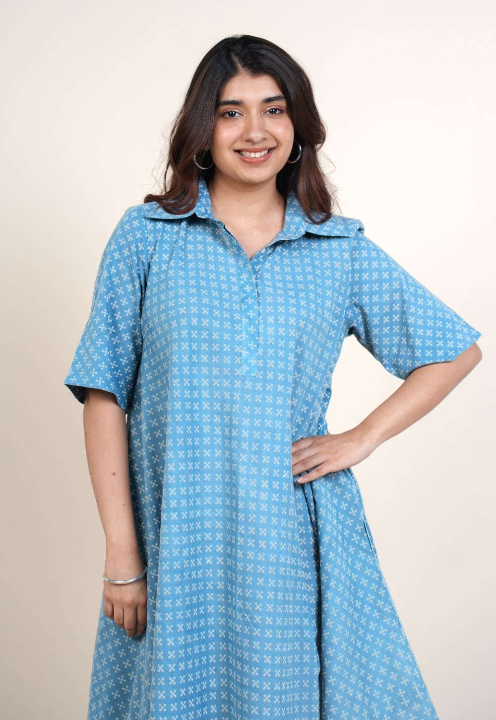 Srisha Blue Ajrakh Cotton A Line Dress