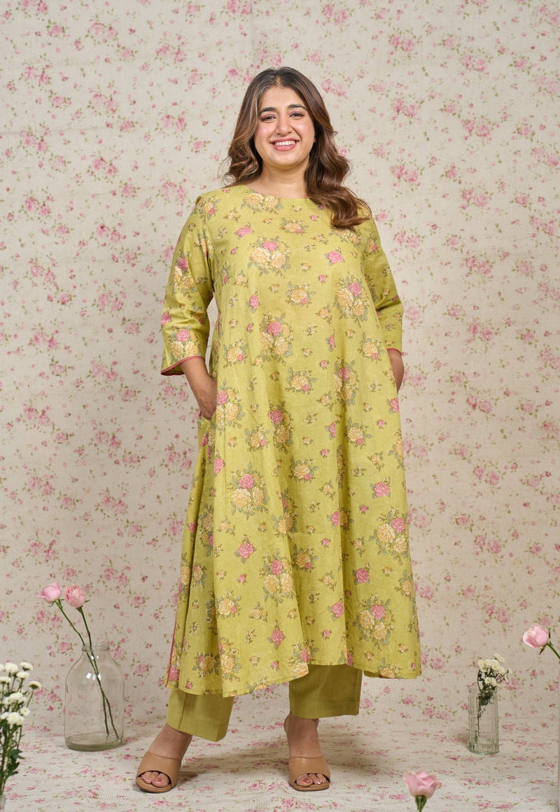 Lily Green Sanganeri Mul Cotton A Line Kurta