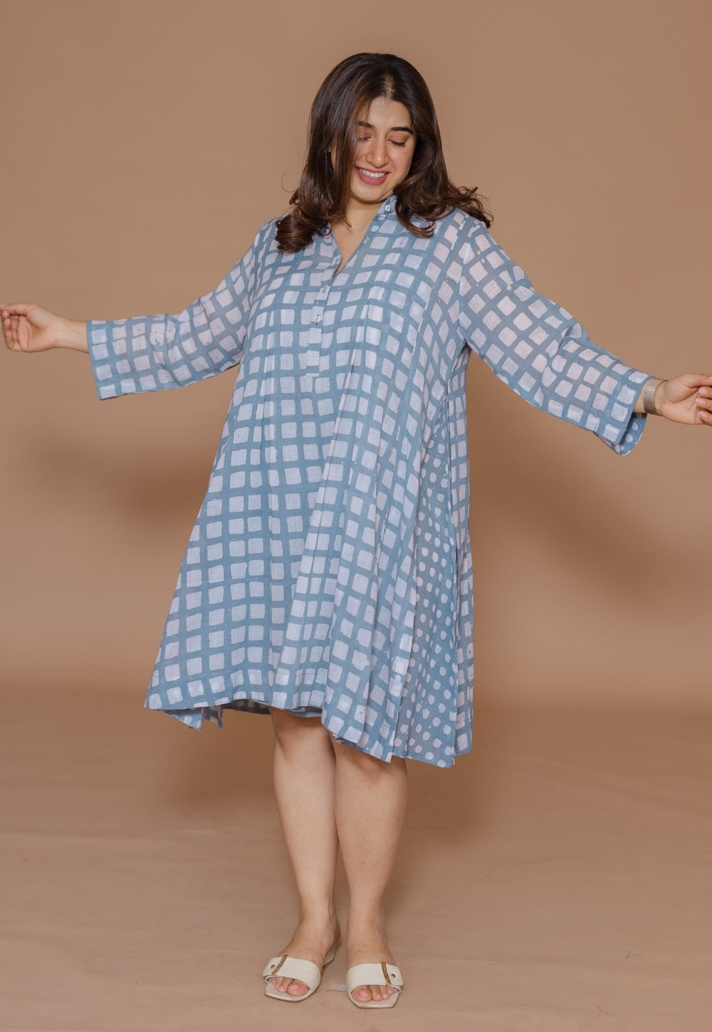 Safiya Blue Batik MulMul A Line Dress with Slip