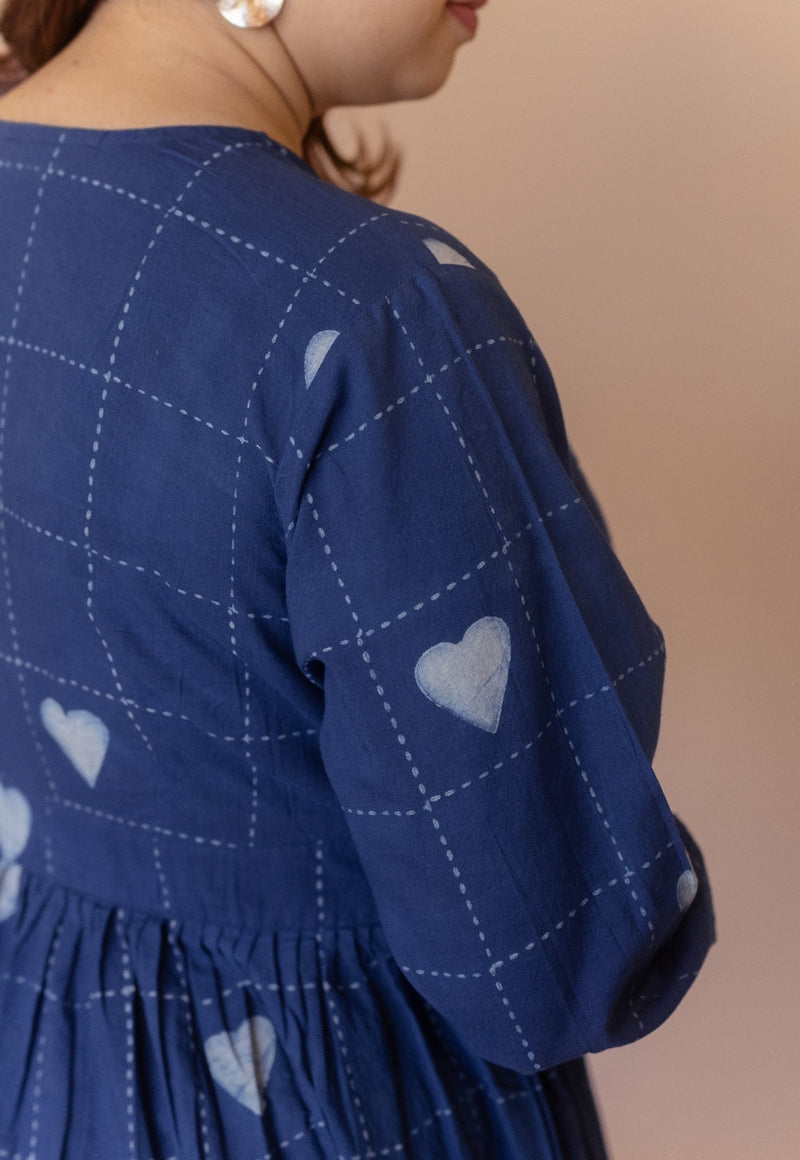 Kimaya Blue Dabu Cotton A Line Dress