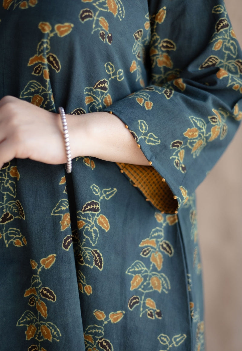Sayali Green Ajrakh Cotton A Line Kurta with Hand Embroidery