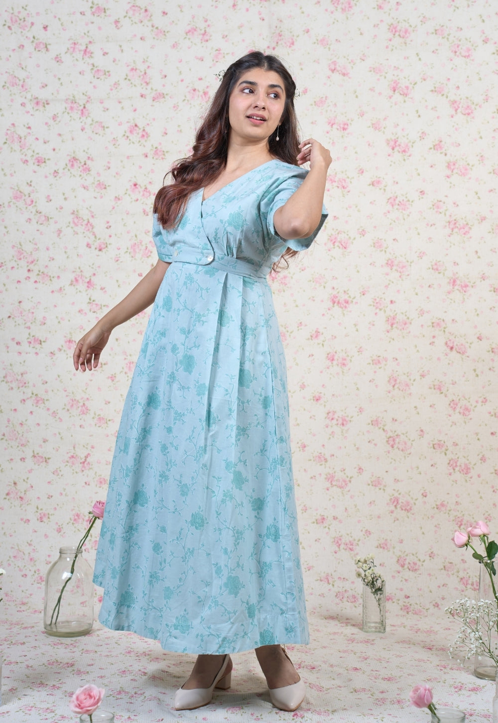 Clara Blue Sanganeri Mul Cotton A Line Dress