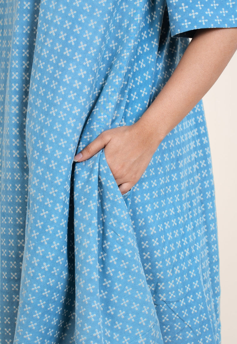 Srisha Blue Ajrakh Cotton A Line Dress