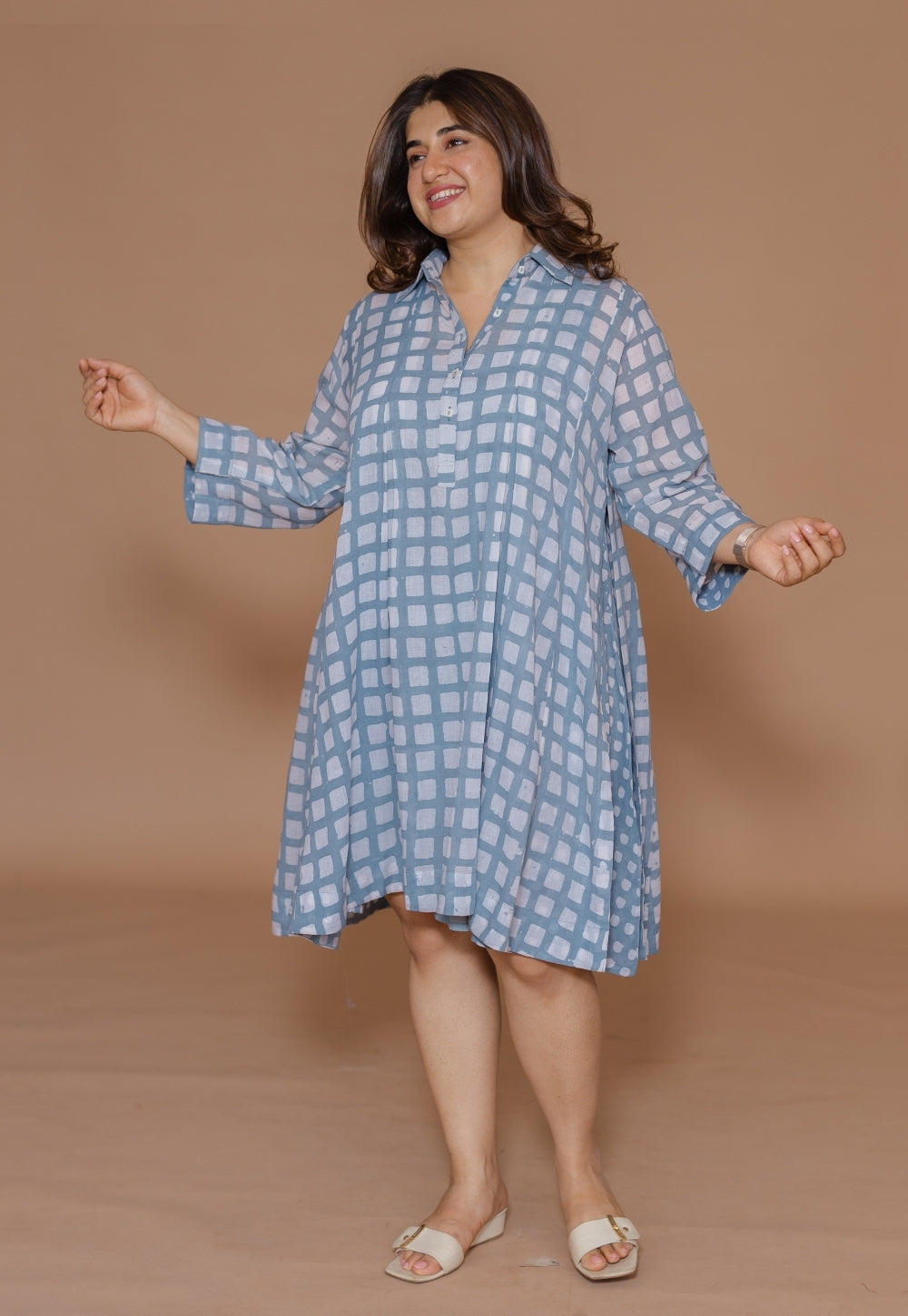 Safiya Blue Batik MulMul A Line Dress with Slip
