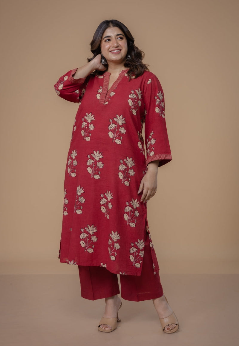 Vaanya Red Dabu Slub Cotton Straight Kurta