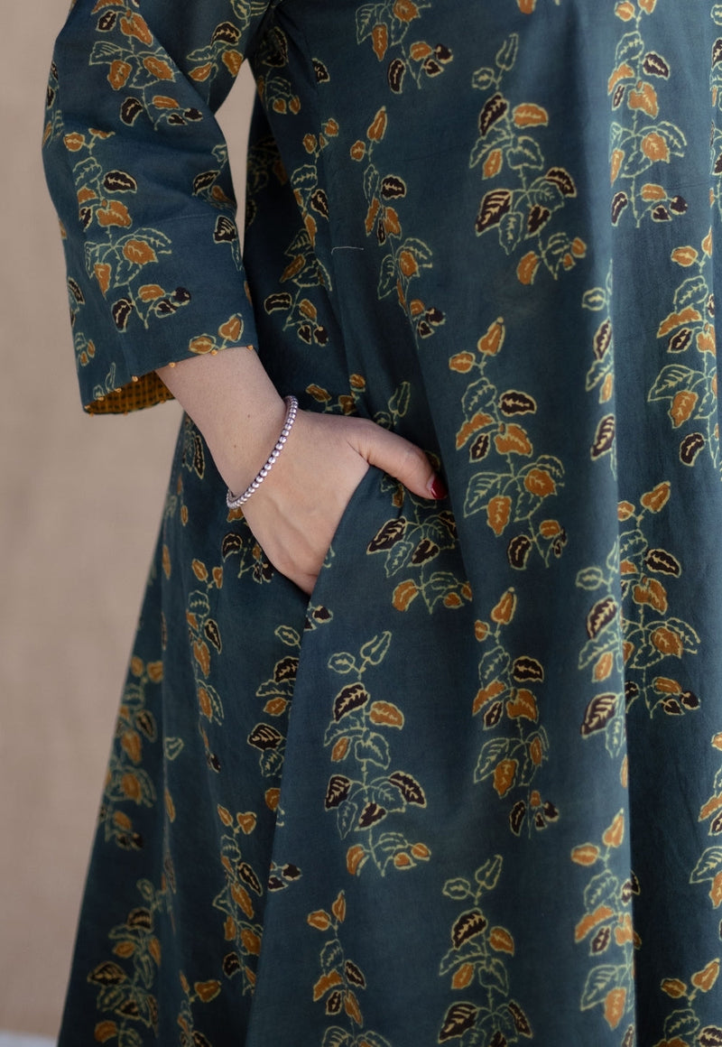 Sayali Green Ajrakh Cotton A Line Kurta with Hand Embroidery