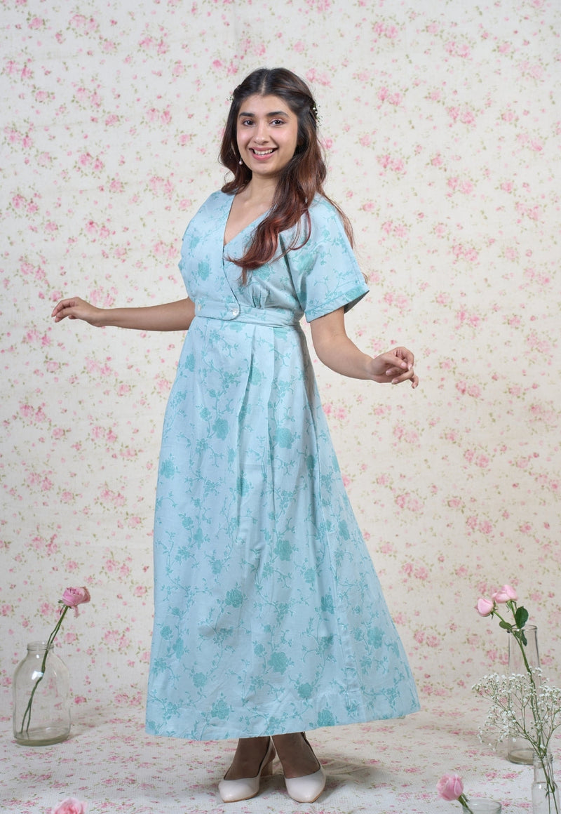 Clara Blue Sanganeri Mul Cotton A Line Dress