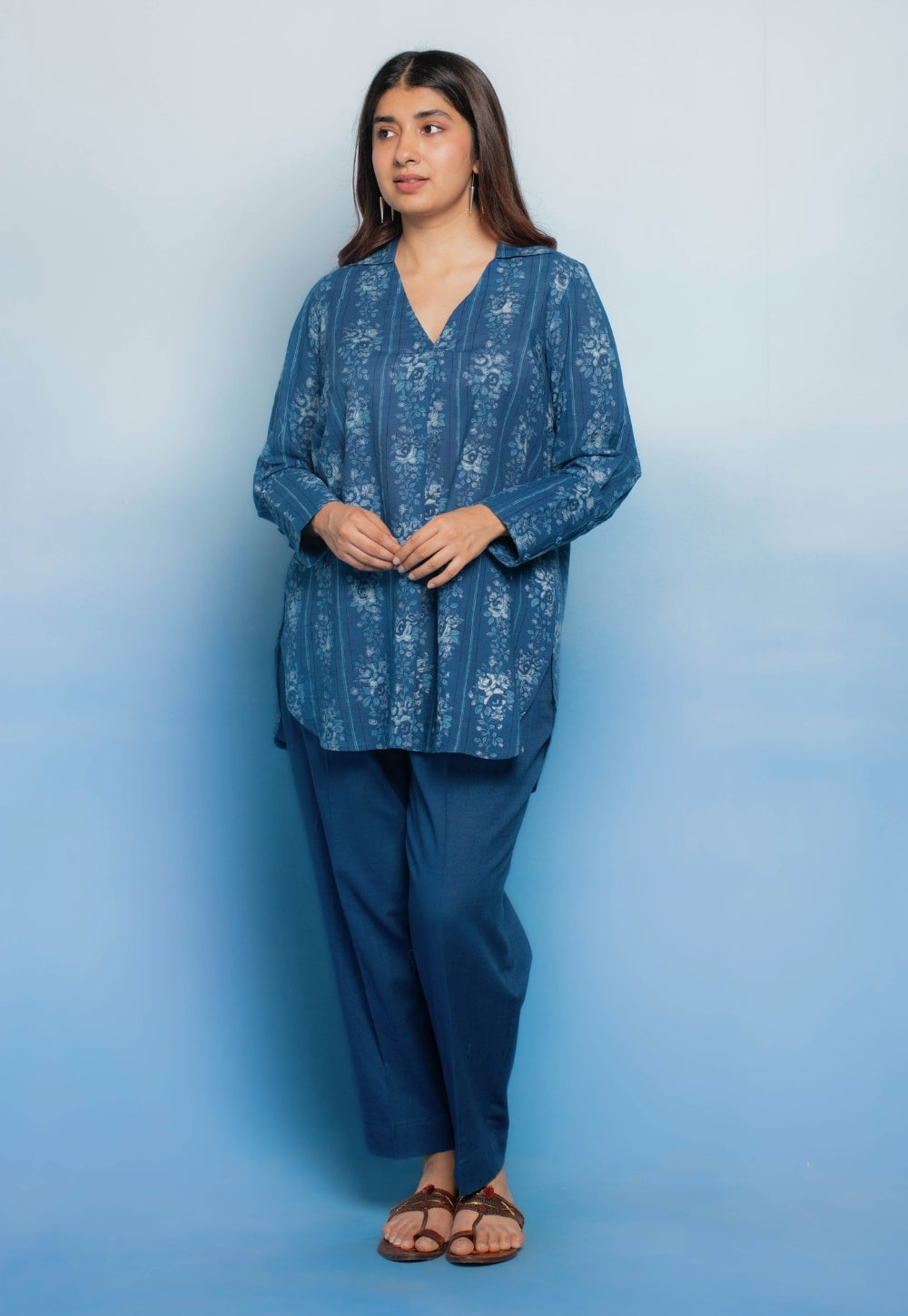 Zohal Blue Dabu Mul Cotton Straight Short Top