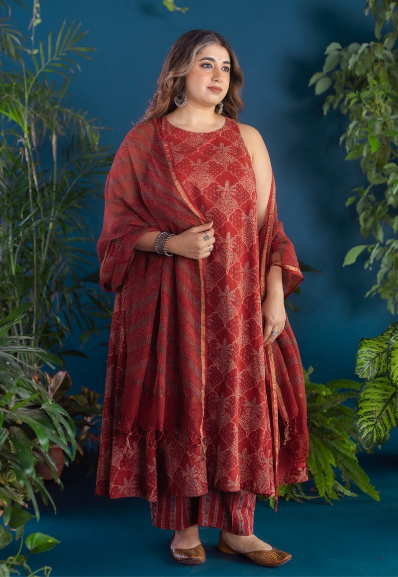Avenza Red Ajrakh Cotton A Line Kurta